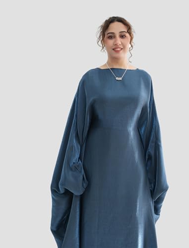 Dubai Bat Sleeve Dress Shiny Robe for Women Muslim 1pc Abaya Eid Prayer Clothes Soft Dubai Travel Party Dress Maxi Abaya - color: Blue Greya, size: Large