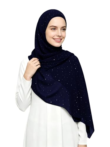 Lina & Lily Sparkle Shimmer Gold Glitter Women's Chiffon Hijab Head Scarf Shawl Wrap Lightweight - color: Navy Blue