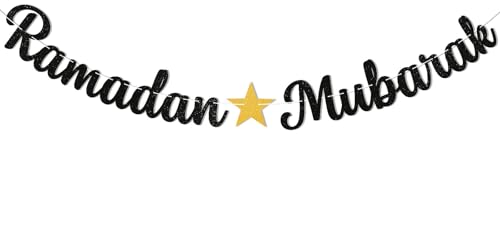 Ramadan Mubarak Banner - Ramadan Mubarak Decorations, Muslim Eid Mubarak Kareem Bunting Sign, Muslim Islamic Festival Party Decorations Black Glitter
