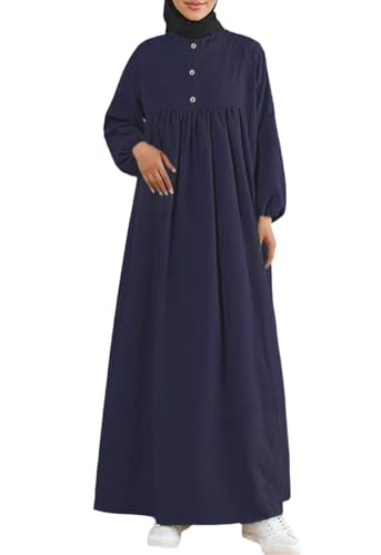 Womens Abaya Muslim Prayer 2 Pockets Long Sleeve Front Button Maxi Dresses Casual Islamic Clothes - color: Blue, size: Small