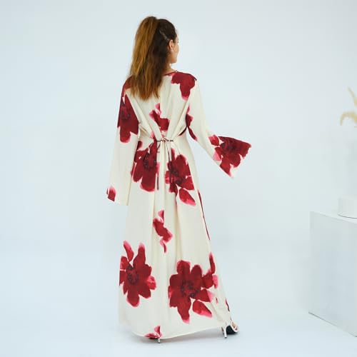FYMNSI Womens Muslim Dresses Bell Sleeve Floral Butterfly Abaya Modest Dubai Kaftan Islamic Dress Eid Ramadan Prayer Clothes - color: White, size: Large