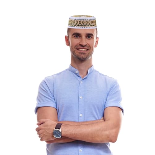 Muslim Prayer Kufi Hat Men Islam Skull Embroidery Cap Beanie Hat Arabian Omani Turkish Prayer Headwear Eid Gift - color: Ginger Color