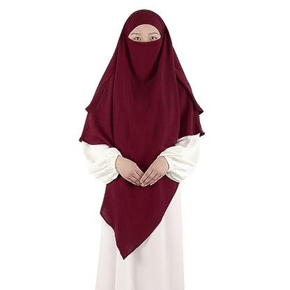 Khalat Muslim Prayer Hijab - 2 Layers Soft Breathable Islamic Dubai Women's Instant Long Hijab - color: Wine Red