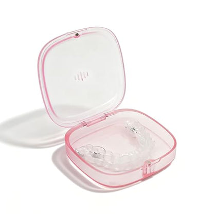 Transparent Slim Retainer Case, Small Square Aligner Box for Travel, Compact Night Guard Container with Vent Holes, Fancy Retainer Holder Compatible with Invisalign(Clear Pink) - color: Clear Pink