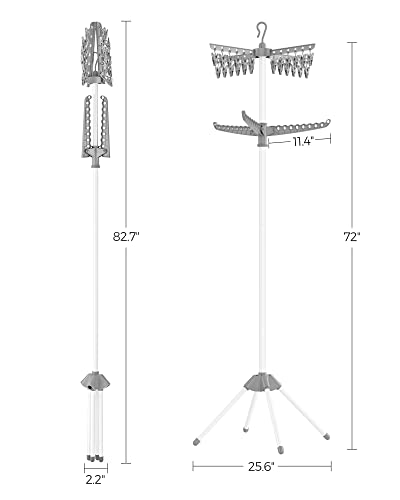 SONGMICS 2단 의류 건조대, 182.9cm(72인치) 접이식 세탁 건조대, 행거용 회전 가능한 팔 3개, 클립 24개, 스테인리스 스틸, 옷 27피스용, 그레이 및 화이트 ULLR512G01 - color: 그레이 + 화이트, style: 2단 클립
