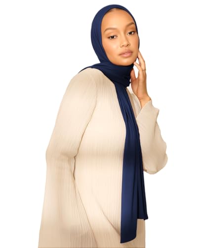 Hijab Scarf for Women Soft Muslim Hijabs Head Wrap Scarves Fashion Long Hair Shawls Stretchy Muslin Headscarf - color: Navy Blue Hijab Scarf for Women