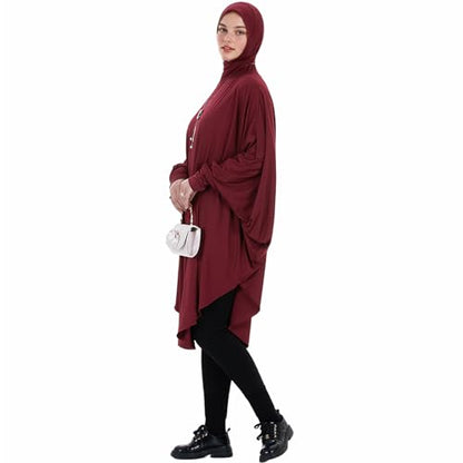 Muslim Abaya Dress for Women Highly Stretchy Batwing Hooded Prayer Hijab - color: Wine Red, size: Medium