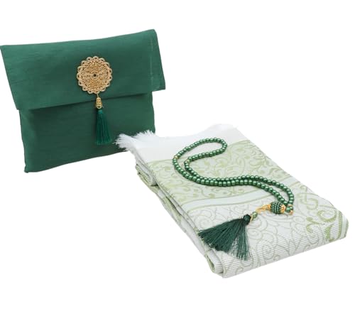 Prien Muslim Prayer Rug with Tasbih and Portable Bag, Muslim Gift for Women Men, Mubarak Islamic Box, Soft Mat Islam Gifts Set, Turkish Sajadah for Ramadan, Eid, Hajj, Travel, Pray (Emerald) - color: Emerald