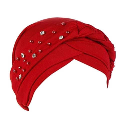 beauty YFJH Women Beaded Pre-Tied Turban, Chemo Beanie for Cancer Hair Loss - color: Red