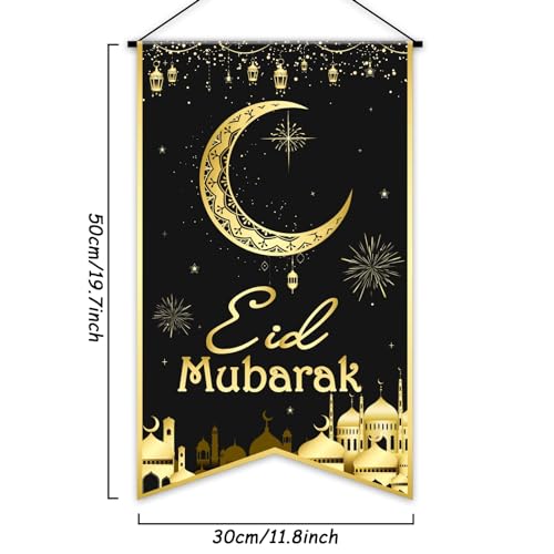Ramadan EID Mubarak Hanging Door Sign EID Decorative Hanging Sign Party Decorations Black Gold Moon Lantern Banner for Ramadan Kareem Eid Al-Adha Sign Home Decor Happy EID Ramadan Party Supplies Favor - style: Eid Mubarak