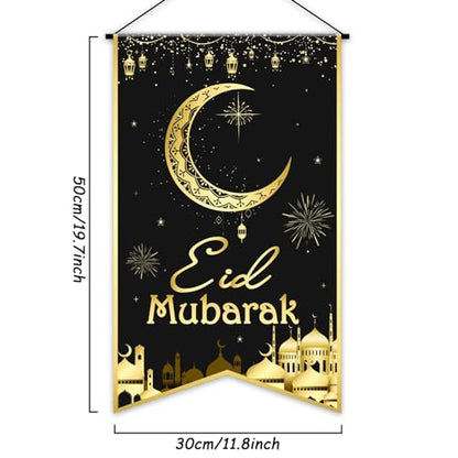 Ramadan EID Mubarak Hanging Door Sign EID Decorative Hanging Sign Party Decorations Black Gold Moon Lantern Banner for Ramadan Kareem Eid Al-Adha Sign Home Decor Happy EID Ramadan Party Supplies Favor - style: Eid Mubarak