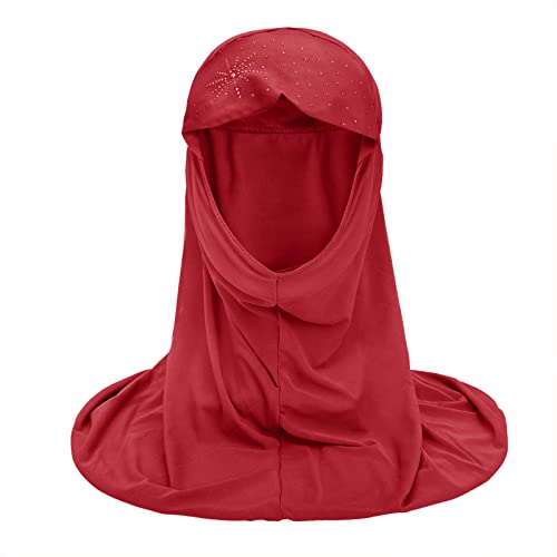 Girls Muslim Hijab Floral Lace Head Scarf Kids Islamic Arab Scarf Shawls Head Wrap with Flowers - color: Red (With Rhinestone)