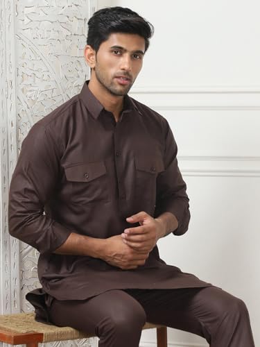 Maple Clothing Punjabi Kurta Pajama Set Pathani Mens Cotton Indian Clothes Bollywood Outfit - color: Coffee, size: 3X-Large