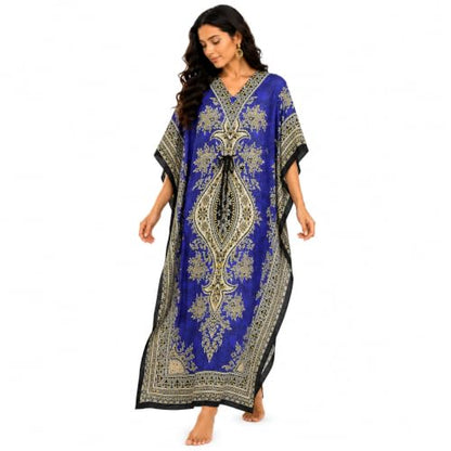 Art Of Creation Kaftan 드레스 기모노 맥시 스타일 캐주얼 드레스 여성용 브이넥 7부 소매 탑 프린트 프리 사이즈 - color: 블루., size: L