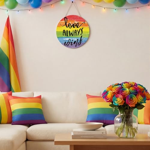 Smile Pride Month Love Always Wins Round Wooden Door Sign Rainbow Indoor & Outdoor Decorative Plaque LGBTQ+ Home, Porch & Patio Decor Gay Pride - style: Rainbow LGBT