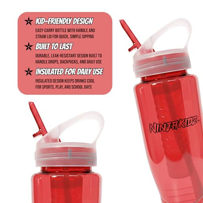 Ninja Kidz Official Kids Water Bottle with Straw, Reusable Water Bottle with Handle, Leak-Resistant, Insulated, Durable, Great for Sports, Official Merch, 0.5 liters, Red - color: Red