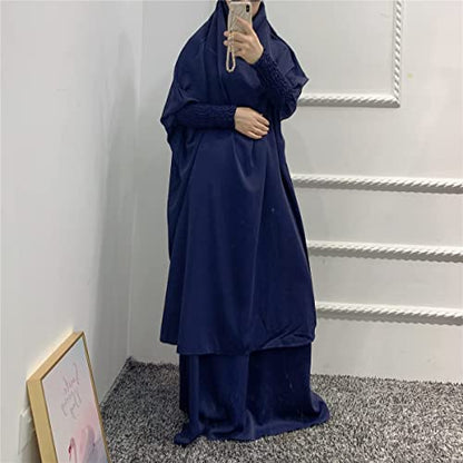 Women Muslim 2 Set Solid Color Plus Long Sleeve Thobe One-size Longuette Overall Abaya Thobe with Hoodied Hijab - color: Navy Blue