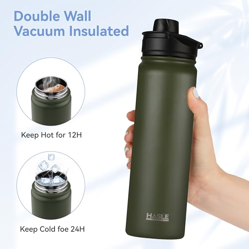 HASLE OUTFITTERS Insulated Water Bottle 22 oz Double Wall Stainless Steel Water Bottle Wide Mouth with Straw Lid & Spout Lid Keeps Cold or Hot(Army Green,4) - color: Army Green, size: 22oz- 4 Pack