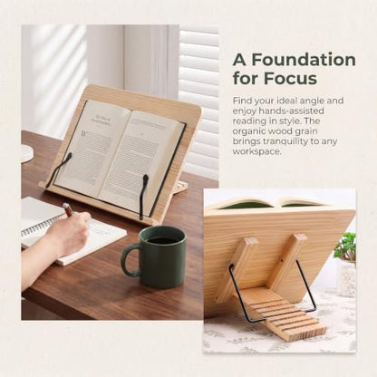 Adjustable Wooden Book Stand 8 Height Levels, Ergonomic Reading Holder for Cookbook Textbook, Foldable Desktop Book Stand with Page Paper Clips, Portable Hands-Free Stand for Kitchen Office - size: 15x11.4inch