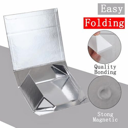 UoeRing 1 Pcs Silvery Gift Box 11.5x8x4 Inch with Magnetic Lid | Collapsible Luxury Present Box,for Birthday,Christmas Holiday Gift Includes Card,Ribbon,Tissue Paper & Shredded Filler - color: 11.5x8x4 Inch-Silvery-Pack of 1
