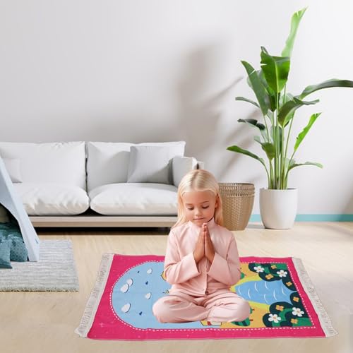 Pssopp Pray Rug for Kids, Thick and Soft Convenient to Carry Not Easy Fade Children Meditation Mat with Tassel Pray Beads Pendant Cylinder for Worship (Pink) - color: Pink