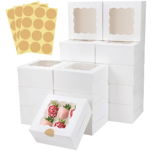 30 Pcs White Bakery Boxes with Window and Stickers, 6 X 6 X 3 Inches