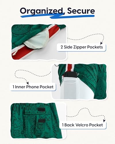 maamgic Mens Swim Trunks - Mens Bathing Suit with Compression Liner 7 Inch Quick Dry Fshion Stretch Zipper Pockets Swimwear - color: Red Green-white, size: Large