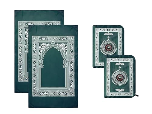 Portable Travel Prayer Mat,2 Pieces Portable Muslim Islamic Prayer Mat,Polyester Prayer Rug,Muslim Prayer Carpet with Pocket for Islamic Gifts Ramadan Family Trips,Green(60 cm x 100 Cm)