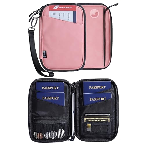 Lagre family passport holder for 4 multiple passport bag for travel passport cover rfid blocking for women waterproof wallet with zipper airtag passport case for men (pink with faint patterns) - color: LAGRE PATTERN PINK