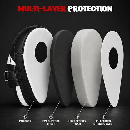 Focus Pads for Boxing & MMA Training | Lightweight Curved Punch Mitts with Shock-Absorbing Foam | Kickboxing, Muay Thai & Sparring Target Pads for Coaches & Fighters - color: Black/White