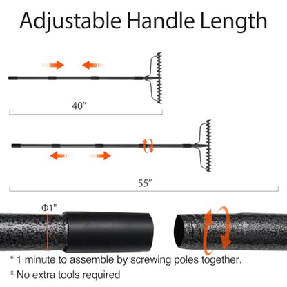 Bow Rake, Detachable Heavy Duty Metal Garden Rake for Loosening Soil, Leveling Lawn, Leaves Cleaning,63 Inch Long Handle Yard Rock Rake for Gardening,17 Prongs Leaf RakeThatch Rake for Lawn