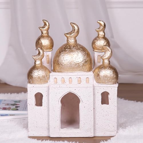 Ramadan Eid Home Decorations for Home 2025 Gold and White Mosque Tower Islamic Eid Mubarak decore - size: 5.51*2.76*6.51in