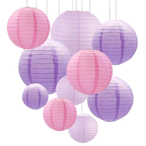 ZOOYOO 10Pcs Paper Lanterns,Pink Purple Round Hanging Tissue Paper Lanterns Decorations for Birthday,Wedding,Baby Shower,Theme Party Garden Home Decor - color: Pink Purple