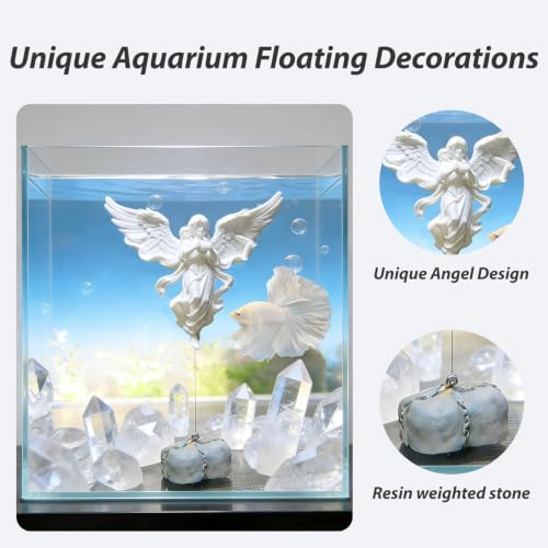 Floating Fish Tank Decorations,Aquarium Angel Decor - White Angel Ornament with Simulated Stone Weight,Betta Fish Tank Decorations,Cool Aquarium Decor for Beginner Fish Tanks