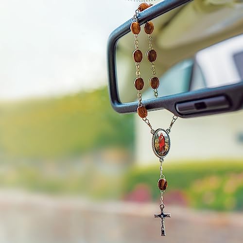 Olive Wood Car Rosary for Rearview Mirror from The Holy Land of Bethlehem - Auto Rosary with Jesus the Good Shepherd Medal & Crucifix Cross Charm - 7" Pocket Rosary Beads for Hanging - color: Jesus the Good Shepherd
