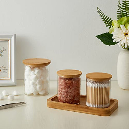 INIUNIK Glass Qtip Holder Dispenser with Bamboo Lid - 2 Pack Apothecary Jars - Cotton Balls Pads Swabs Holder Jar - Bathroom Vanity Canisters Jars for Countertop Storage and Organization - size: 2 Pack