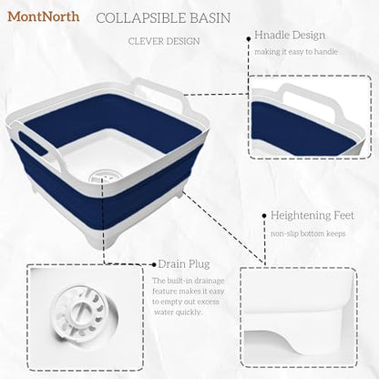 Collapsible Wash Basin 9L, Foldable Dish Tub with Drain Plug, Portable Collapsible Dish Basin, Camping Sink for Washing Dishes, Laundry & Kitchen Use (Navy Blue) - color: Navy blue - Set of 1