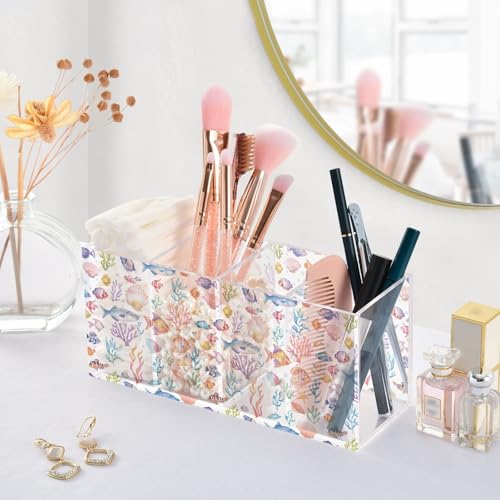 Aquarium Fish Cute Acrylic Pen Holder 4 Compartments Pencil Organizer and Storage Makeup Brush Holder for Home Bedroom School Office Storage