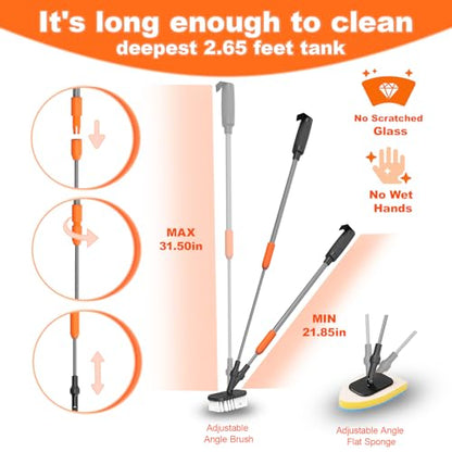 SEAOURA 7-in-1 Aquarium Cleaning Tool, Fish Tank Cleaner with Telescopic Handle,Aquariums Scraper,Adjustable Angle Brush,Gravel Rake,Plant Fork, Flat Sponge,Large Fishes Net,Hose Brushes