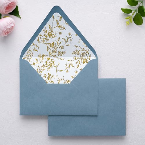 PONATIA A7 Euro Flap Gold Foil Liner Envelopes, Dusty Blue 5x7 Envelopes - color: Dusty Blue + Goil Foil