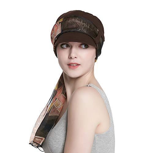 Alnorm Breathable Cotton Hat and Scarf Set Chemo Headwear for Women - color: Coffee Diamonds