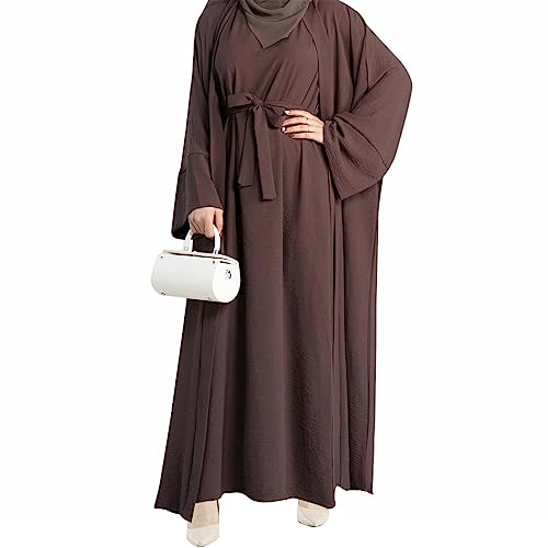 2PCS Women's Muslim Dresses Abaya Islamic Dubai Prayer Dress Robe Long Cardigan Maxi Dress - color: Dark Brown, size: Large