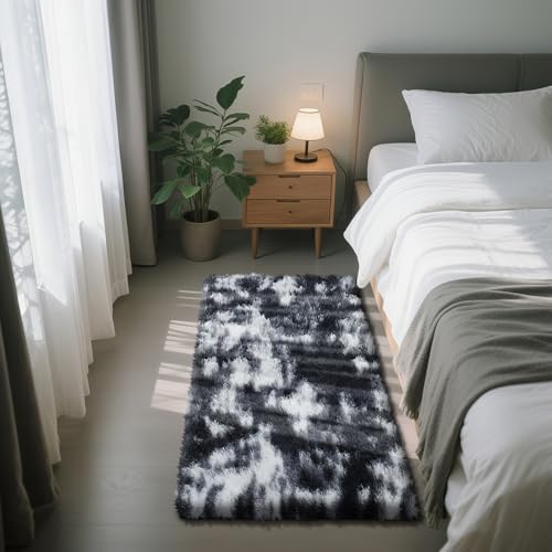 Fluffy Rug Shag Area Rug, Mottling Black 2x4 Area Rugs for Bedroom, Small Bedside Rug, Soft Fluffy Shag Entryway Throw Rugs for Living Room Bedroom Room Home Decor - color: Mottling Black, size: 2' x 4' (Rectangular)