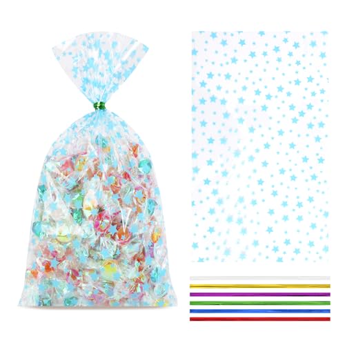 COQOFA 100 Pcs Blue Star 5"X11" Gift Wrap Cello Cellophane Treat Bags Clear Candy Cookie Plastic Poly Goodie Storage Bags with Twist Ties for Baby Shower, Gender Reveal, Birthday - color: Blue, size: 5x11 in
