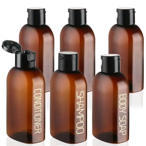 Cosywell Travel Bottles for Toiletries - 6 PCS Shampoo Bottles, TSA Approved Travel Size, Leak Proof Containers with Flip Cap - color: 3.4oz Brown - 3 Labeled 3 Blank