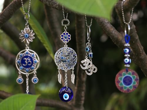 Evil Eye Car Charm Key Chain Car Hanging Accessories 4 Pack - Turkish Evil Eye Wall Decor Nazar Amulet Boncugu Peacock Hindu OM Diwali Decor Home Window Door Entryway Shrine Spiritual Ornaments