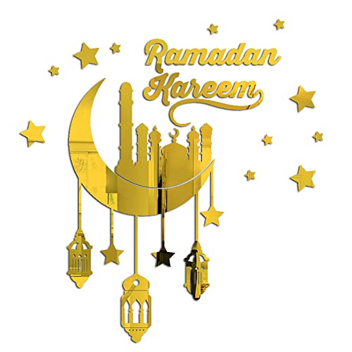 ALIBBON Ramadan Kareem Stickers, Gold Moon Castle Lantern Stickers Decals, Eid Mubarak Wall Decorations for Home, Islamic Muslim Wall Decor, Eid Mubarak Ramadan Window Clings Mirror Decor - color: Style1