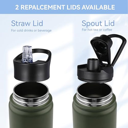 HASLE OUTFITTERS Insulated Water Bottle 22 oz Double Wall Stainless Steel Water Bottle Wide Mouth with Straw Lid & Spout Lid Keeps Cold or Hot(Army Green,4) - color: Army Green, size: 22oz- 4 Pack