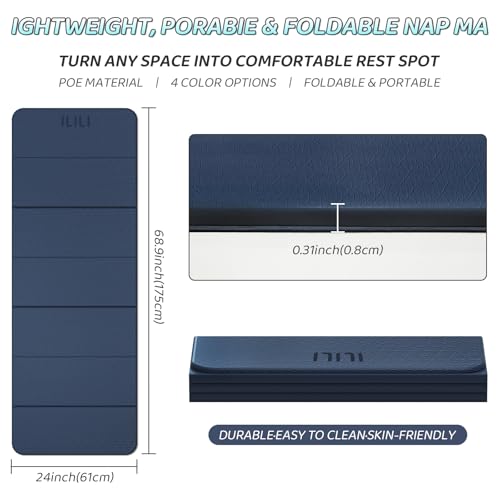 ILILI Foldable Yoga Mat 71 * 24 * 0.3 Inch | Lightweight TPE Non Slip Exercise Mat, Waterproof Portable Fitness Mat for Home Gym, Pilates, Stretching & Daily Workouts - color: Dark Blue