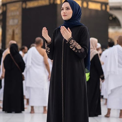 Women's Embroidered Sleeves Abaya and Embroidered On The Side of The Zipper Long Sleeve Floor Length Turkish Fashion - color: Navy Blue, size: Large